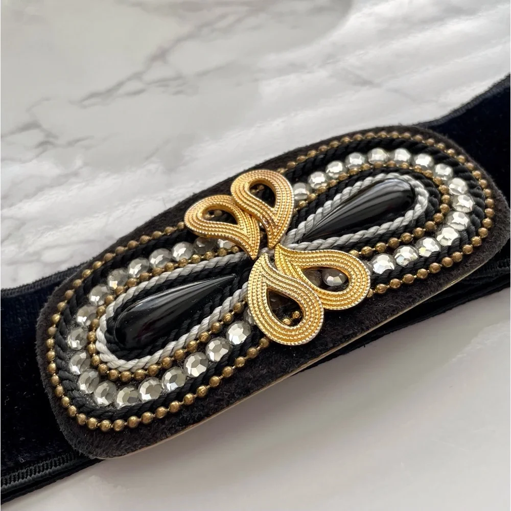 Charmant Beverly Hills Black velvet stretch belt & black, gold & crystal buckle - Picture 4 of 8